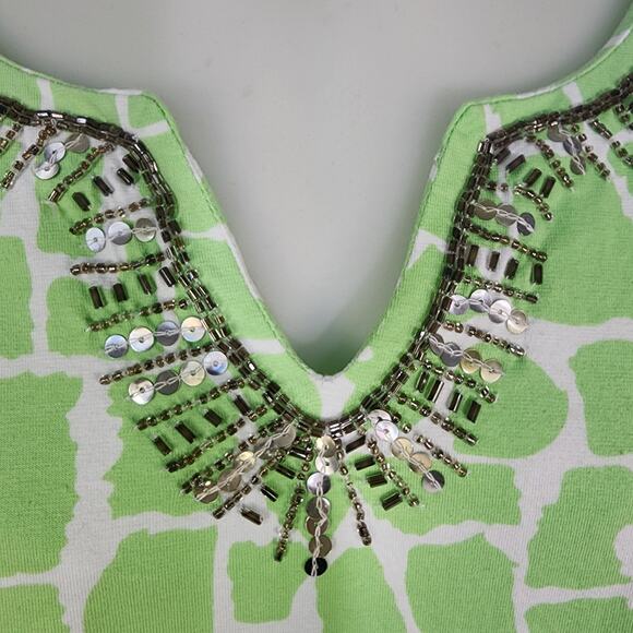 Quacker Factory Women Tunic Top XL Green Giraffe Print Sparkle 3/4 Sleeve Sequin - Picture 7 of 10